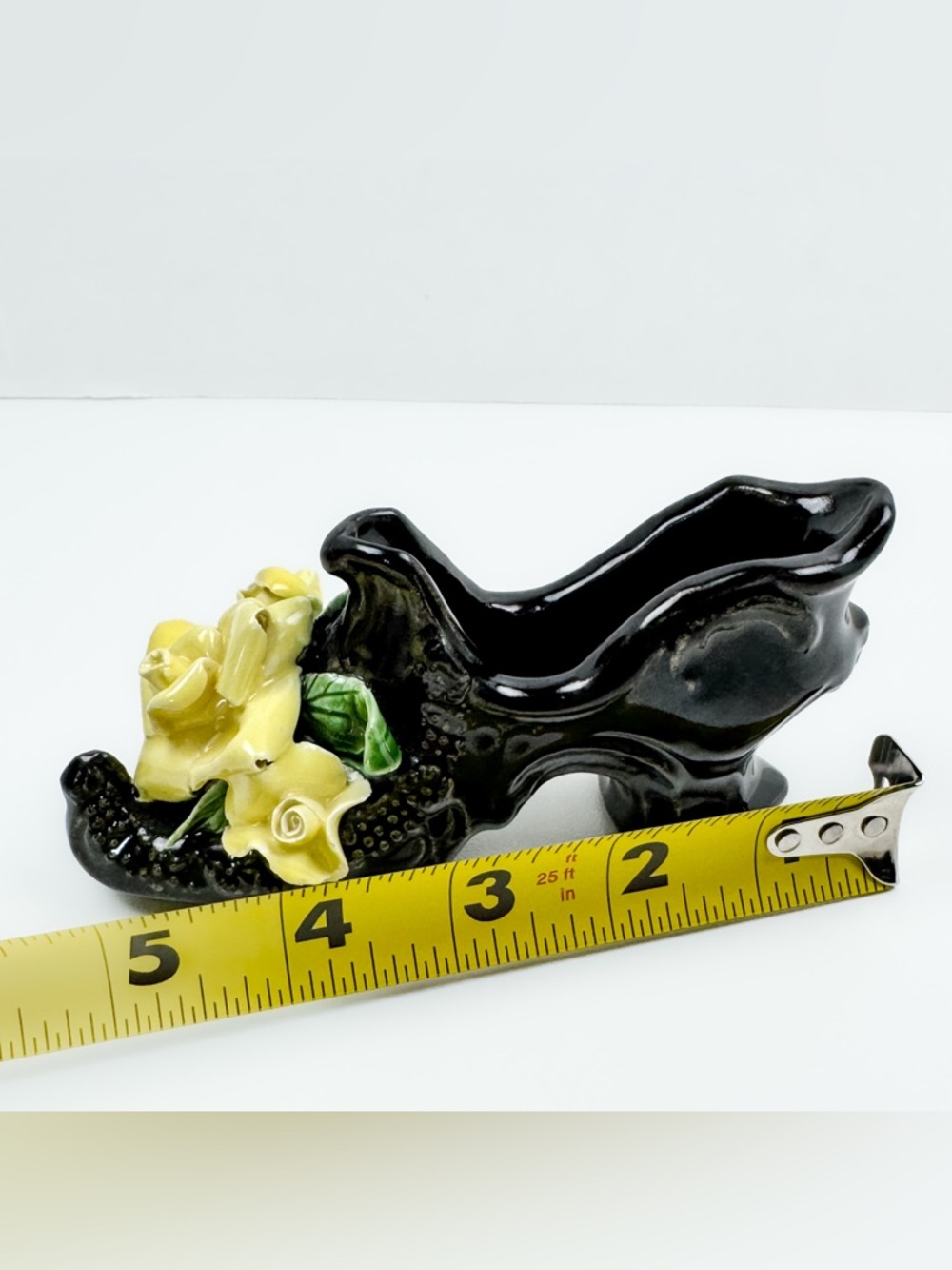 Vintage Ceramic Black High Heel Shoe Figurine Planter Yellow Rose 6” - Picture 9 of 13